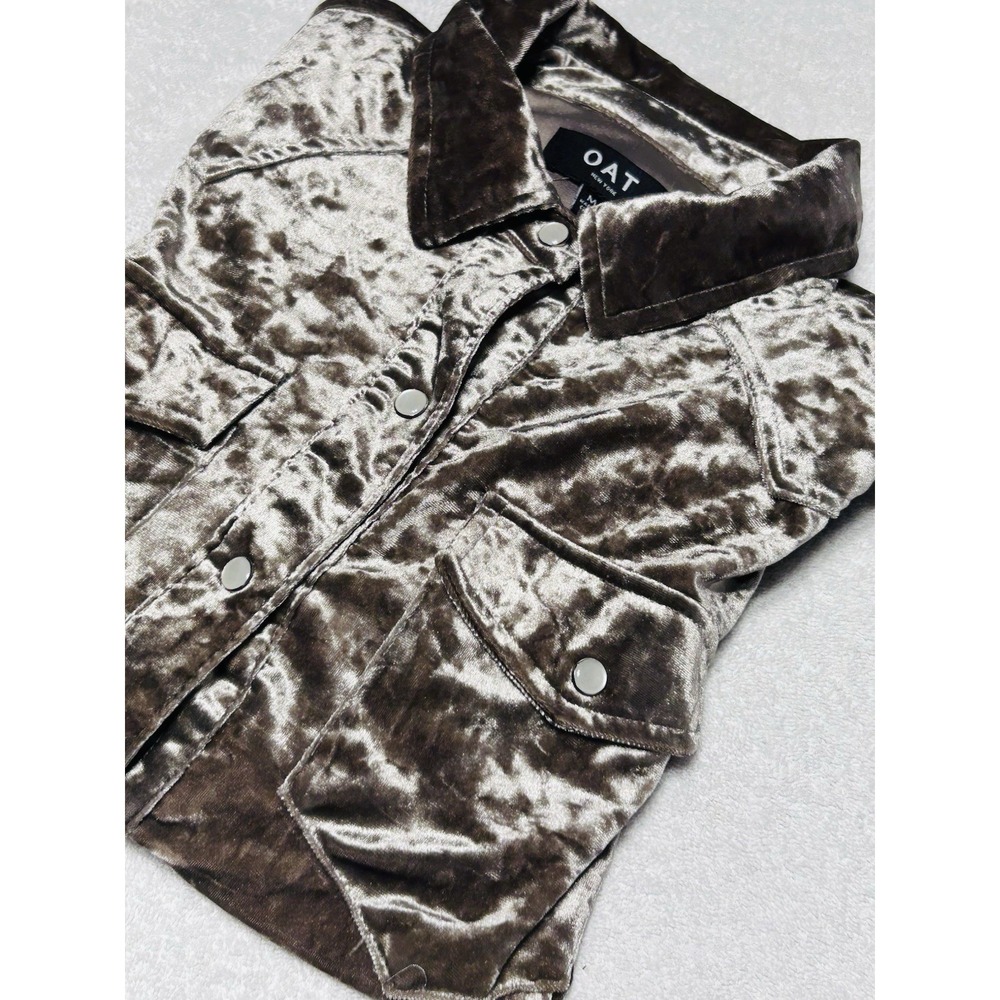 Oat New York Women's Brown Crushed Velvet Western Shirt Snap Front Stretch Sz M